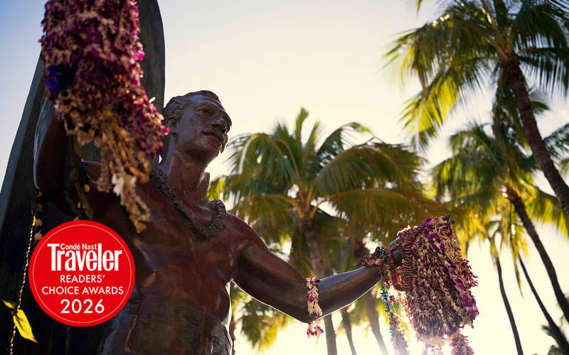Duke Kahanamoku statue in Waikiki with lei - Conde Nast Traveler Readers Choice Awards 2026 Recognition